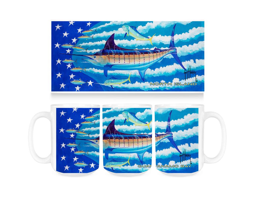 CUSTOM Guy Harvey Blue Stars And Stripes GTMO Ceramic Coffee Mug Tea Cup Fun Novelty Gift 15 oz 269351