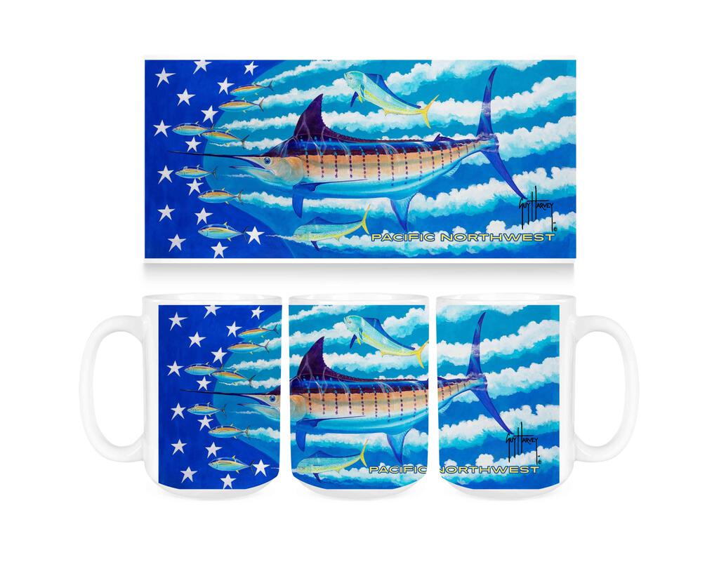 CUSTOM Guy Harvey Blue Stars And Stripes PNW Ceramic Coffee Mug Cup Fun Novelty Gift 15 oz 269360