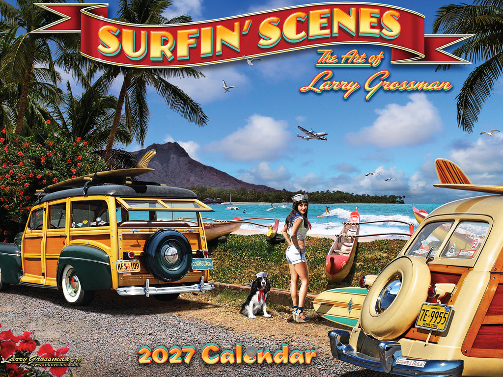 Retro Surfing Car Calendar 2027 Monthly By Larry Grossman 12 Month | American Made In The USA 270438