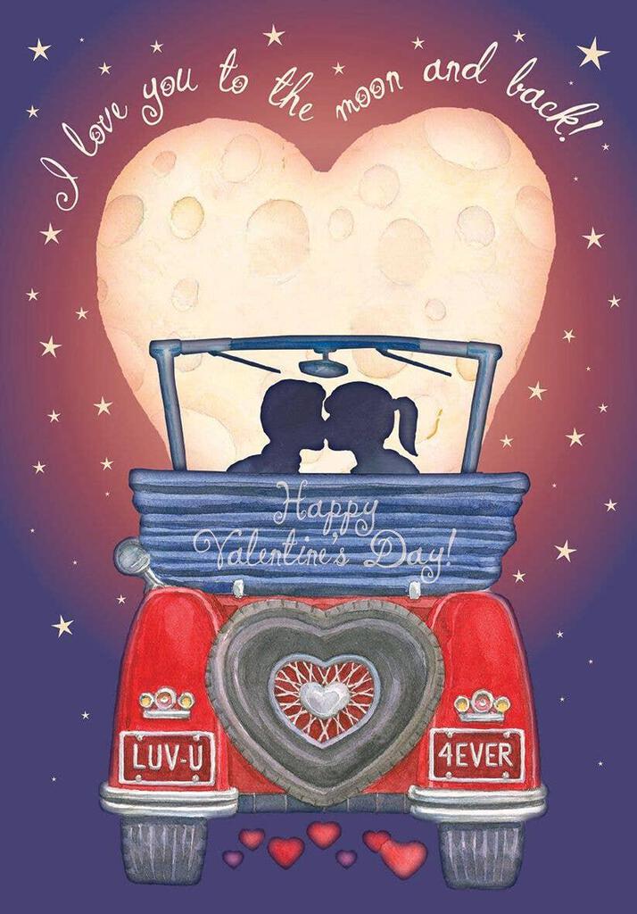 Moon and back- Carol Wilson Valentine's General greeting card. Retail $4.25. Inside: Happy Valentine's day! 254858 CRGV07730