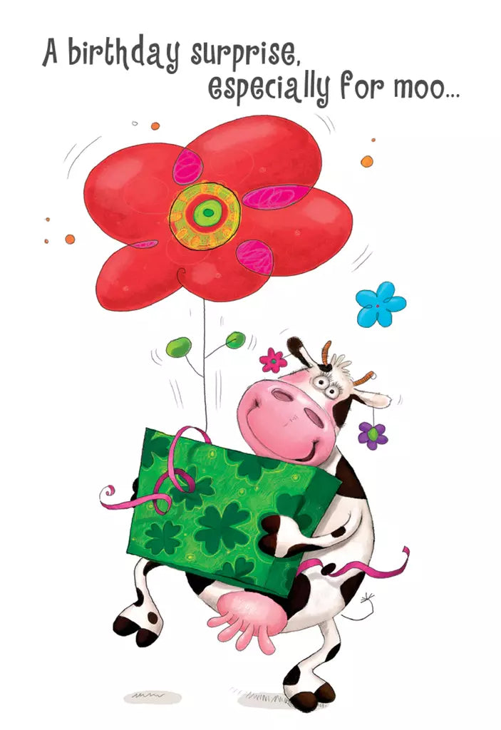 Cow with present- Kid Birthday card. Retail $2.59. Inside: What heifer could it be? Have an udderly wonderful birthday! 254892 04315A
