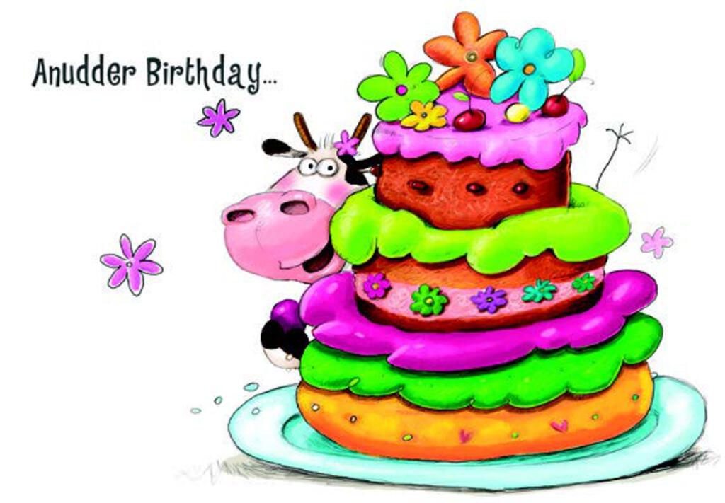 Cow with cake- Kid Birthday card. Retail $2.59. Inside: Time to go crazy! Happy birthday. 254959 04317A