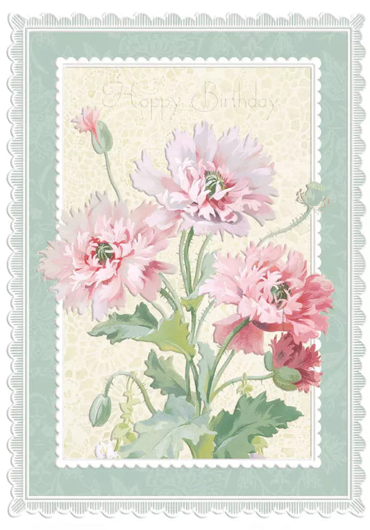 Carnations Happy Birthday greeting general birthday greeting card by Carol Wilson. Inside:   Retail $3.50 | CRG1524 | 255062