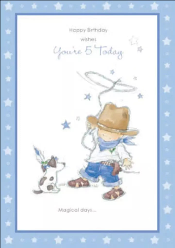 Cowboy- 5th age boy birthday card. Retail $2.99. Inside: Wishing you a fun filled action packed and very special 5th birthday! 255121 03965A
