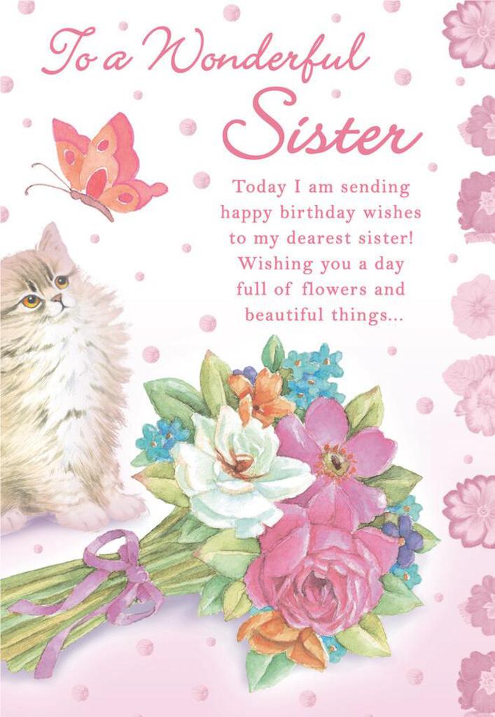 Kitten themed Sister female birthday greeting card. Inside Hoping your special day is filled with sunshine and smiles! Retail $3.99 255199 8382