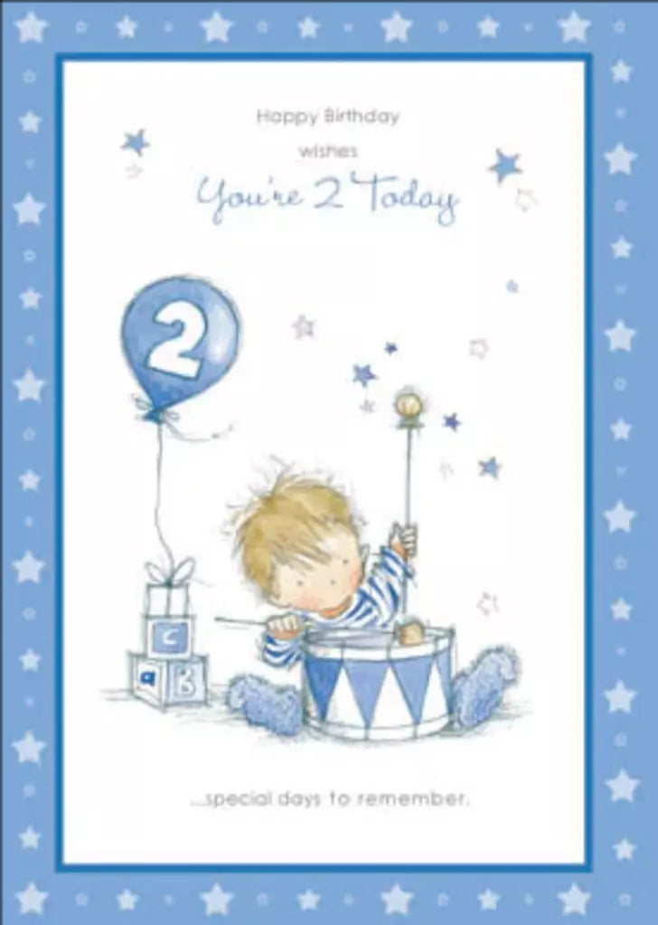 Boy with drum- 2nd age boy birthday card. Retail $2.99. Inside: Lets all sing Happy birthday with a hip hip HOORAY! 255200 03959A