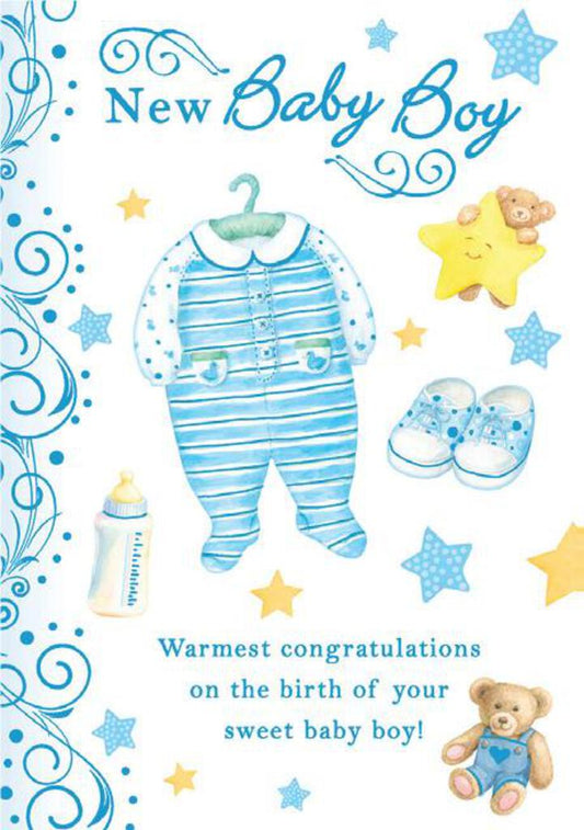 Blue baby onsie for new Baby boy. Inside: Congratulations on the safe arrival of your new baby boy! Retail $3.99 5x7 Greeting Card 255230 8600