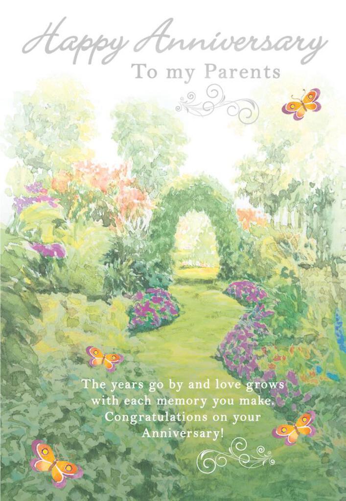 Garden themed PARENTS ANNIVERSARY greeting card. Inside: May your anniversary be a time to celebrate. Retail $3.99 255320 8387