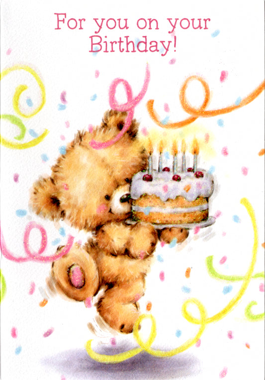 Bear with cake Birthday card Retail $2.99. Inside: Hope your day is just perfect. Happy Birthday. | 6077 | 255335