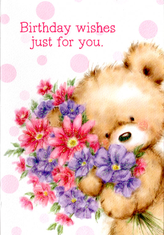 Bear with bouquet Birthday card Retail $2.99. Inside: Have a beautiful and delightful day. Happy Birthday. | 6084 | 255337