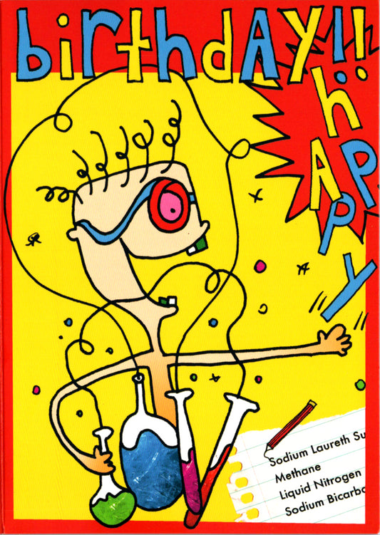 Happy scientist- General Kids Birthday card Retail $2.99. Inside: Have an explosive birthday! | 7855 | 255379