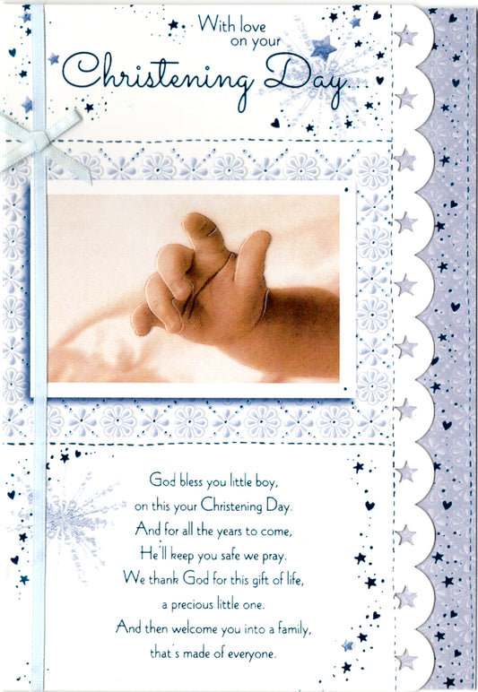 Little hand- Christening Boy greeting card. Retail $4.49.  Inside: Sending you wishes of love and light on this special day... | 5760 | 255456