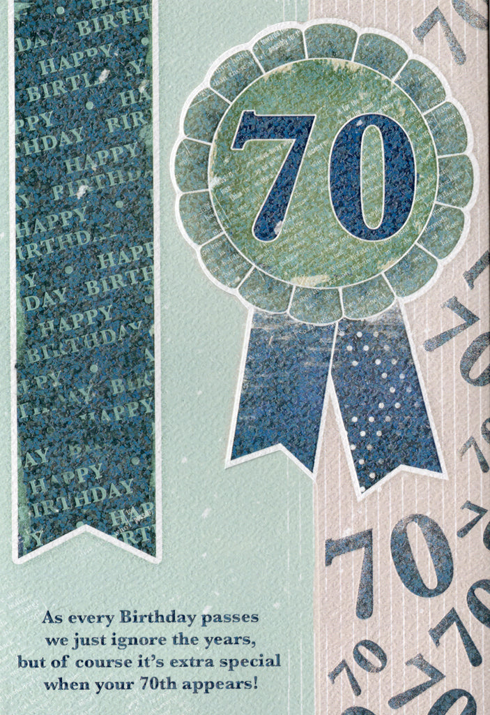 Blue ribbon- 70th age male birthday card. Retail $4.49. Inside: Happy 70th birthday to you may your dreams come true... | 6833 | 255475