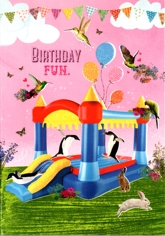 Penguin bouncy castle Birthday card Retail $2.99. Inside: Let's party! Happy Birthday. | 6892 | 255489