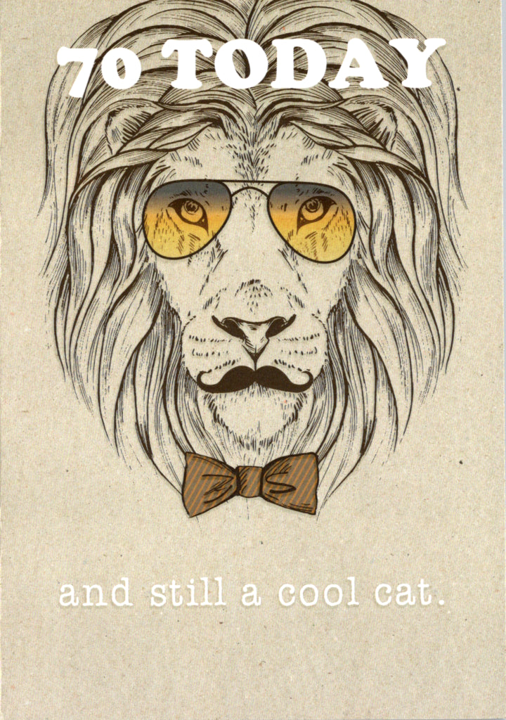 Lion with glasses- 70th age male birthday card. Retail $2.99. Inside: You hit all the right notes keep on swinging... | 6832 | 255510