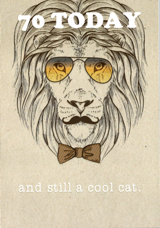 Lion with glasses- 70th age male birthday card. Retail $2.99. Inside: You hit all the right notes keep on swinging... | 6832 | 255510
