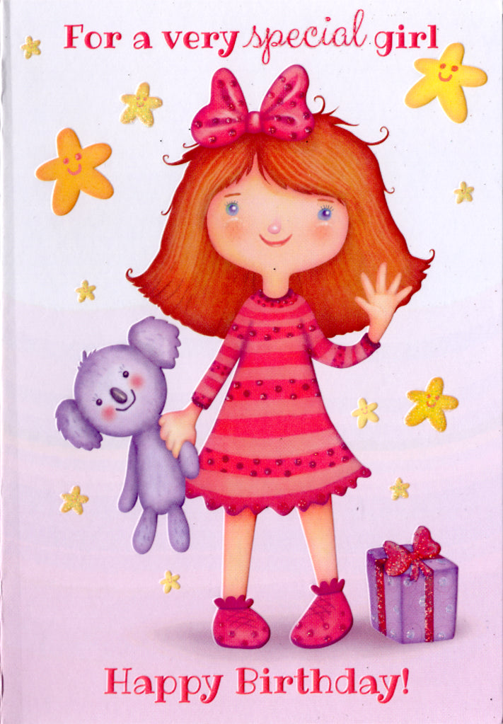 Girl with bear- Girl's kid birthday card. Retail $2.99. Inside: Wishing you a day filled with lots of sweet memories... | 8121 | 255534