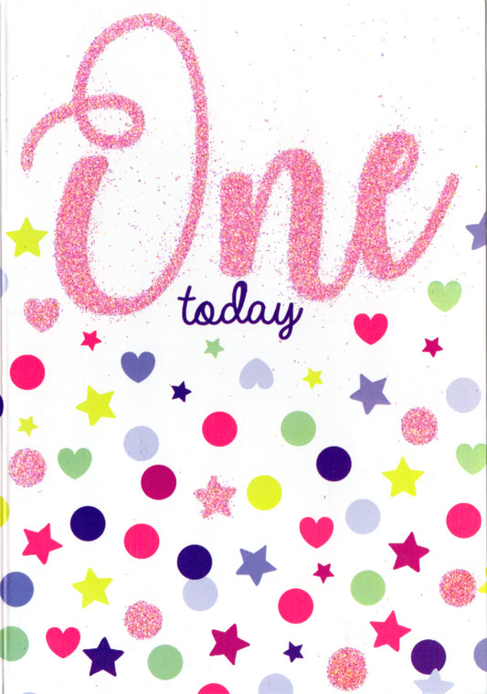 CONFETTI STARS HEARTS-1st Girl Age Birthday card. Retail $2.99. Inside: Happy Birthday Little Miss! | 7680 | 255544