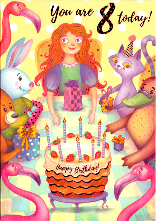Friends and cake- 8th age girl birthday card. Retail $2.99. Inside: Enjoy your special day with lots of friends and cake... | 8038 | 255546