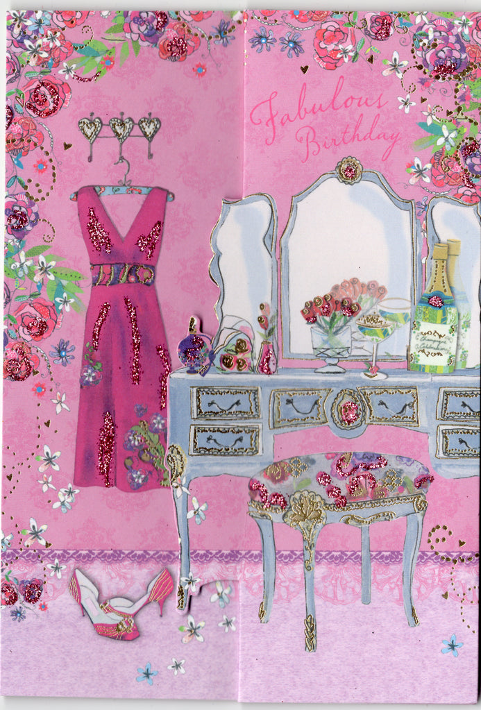 PINK PARTY DRESS AT DRESSING TABLE/TRI-FOLD CARD. Individually cello wrapped. Retail $3.49  INSIDE: Wising you a beautiful day! | PC-MM06 | 255555
