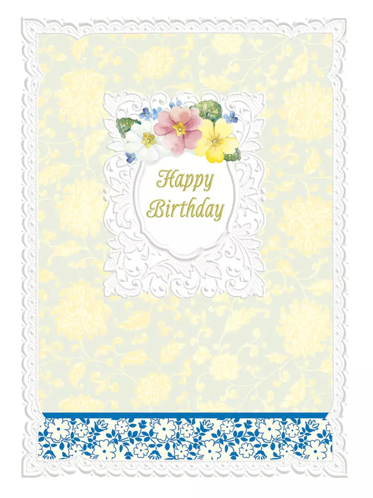 Yellow and blue floral embossed die cut general birthday greeting card by Carol Wilson. Inside: Happy Birthday may the gift of happiness be yours! Retail $3.25  255556 CG1397