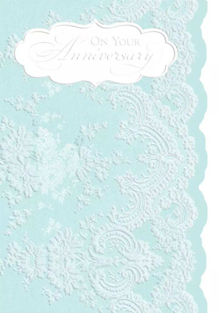 Teal damask pattern embossed die cut anniversary greeting card by Carol Wilson. Inside: With love to a wonderful couple. Retail $4.25  255575 CRG1765