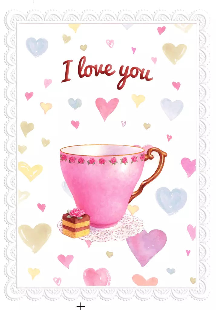 Tea cup with hearts of love embossed die cut Love/thinking of you greeting card by Carol Wilson Inside: Your love is like a cup of tea. Warm and comforting. Retail $4.25  255590 CRG1733