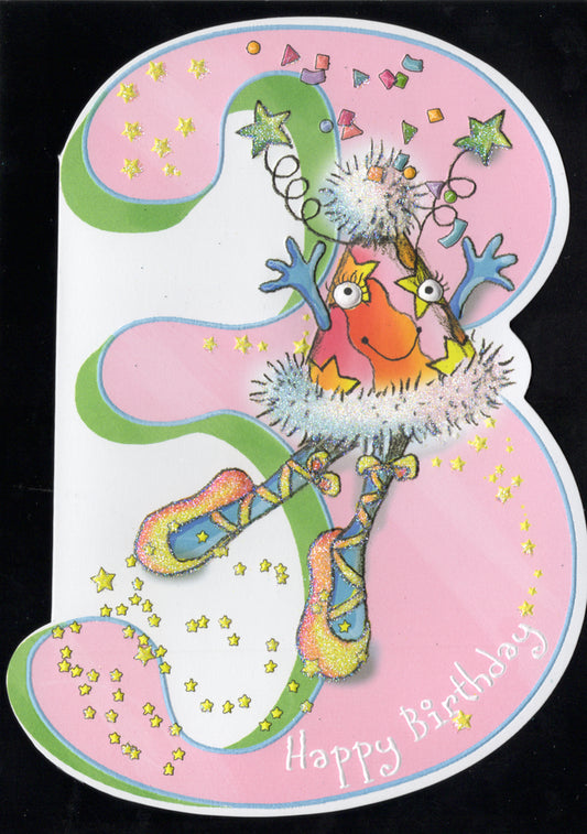 Cute ballet fairy celebrates birthday #3 in kid greeting card by Carol Wilson. Inside: Yippee!  You are 3. What a great year it is going to be.  Reail: $3.95.  | CG1702 | 255601