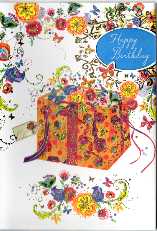 MIMI FESTIVE PRESENT WITH FLOWERS. 3 PANEL/TRI-FOLD CARD. Individually cello wrapped. Retail $3.49  INSIDE: Wising you a day filled with surprises. | PC-MM05 | 255605