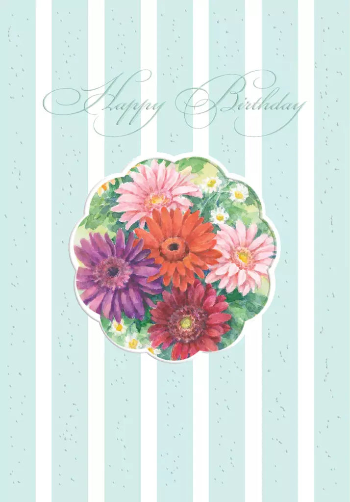 Green/white striped front highlight a floral cutout. embossed die cut general birthday greeting card by Carol Wilson. Inside: Warmest wishes on your special day. Retail $4.25  255660 CRG1347