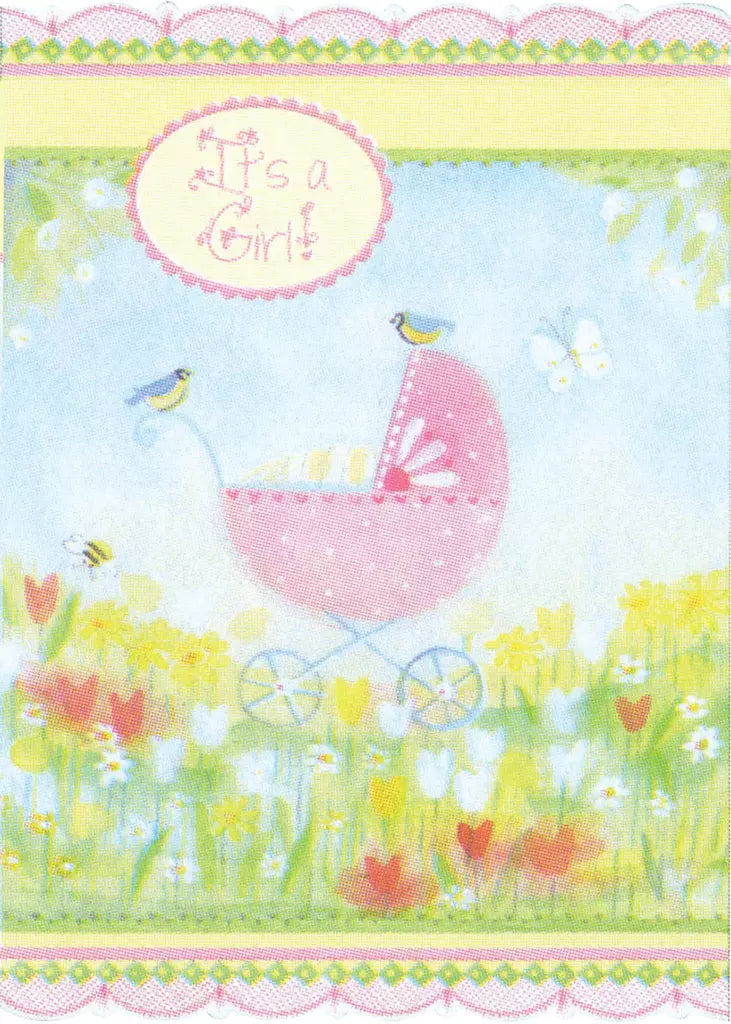 Pink baby carriage new baby girl embossed die cut greeting card by Carol Wilson Inside: A new girl to celebrate and treasure. Retail $4.25  255663 CG1732