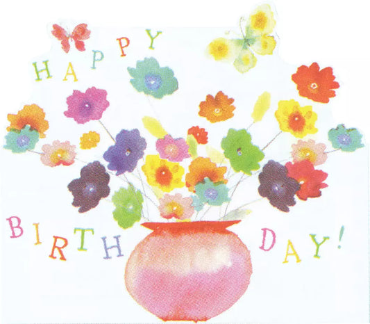 Modern pop of color floral bouquet in a pink vase embossed die cut general birthday greeting card by Carol Wilson. Inside: You make the world a brighter place! Happy Birthday! Retail $4.25  255664 CG1748