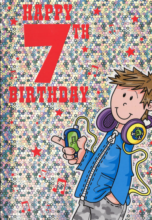 Boy with headphones- 7th age boy birthday card. Retail $3.49. Inside: Have a great birthday dude! | 4920 | 255676