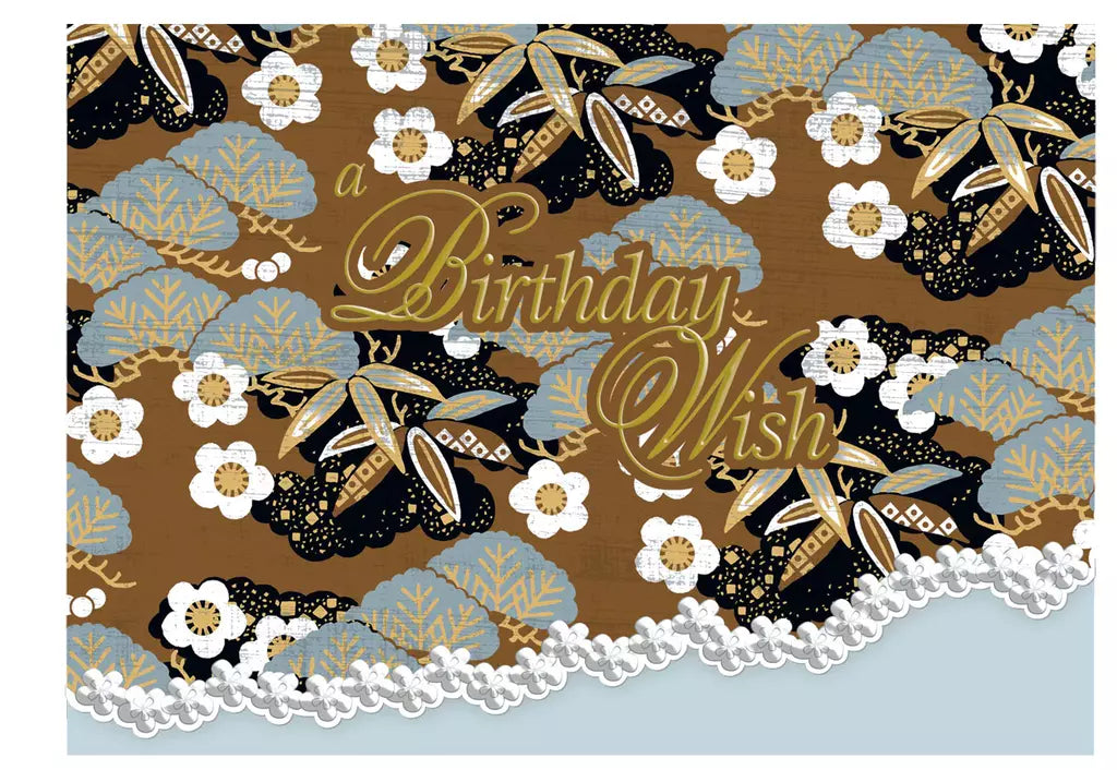 Brown white teal floral lace pattern embossed die-cut general birthday card by Carol Wilson. Inside: May happiness and love surround you! Retail $3.25  255689 CG1410