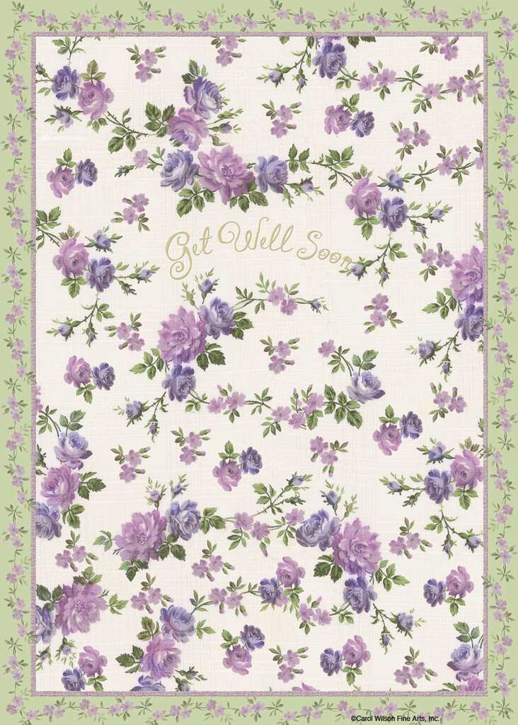 Cheerful purple flowers on a cream background embossed die cut get well greeting card by Carol Wilson Inside: Sorry to hear you are sick. Retail $4.25  255693 CG1468