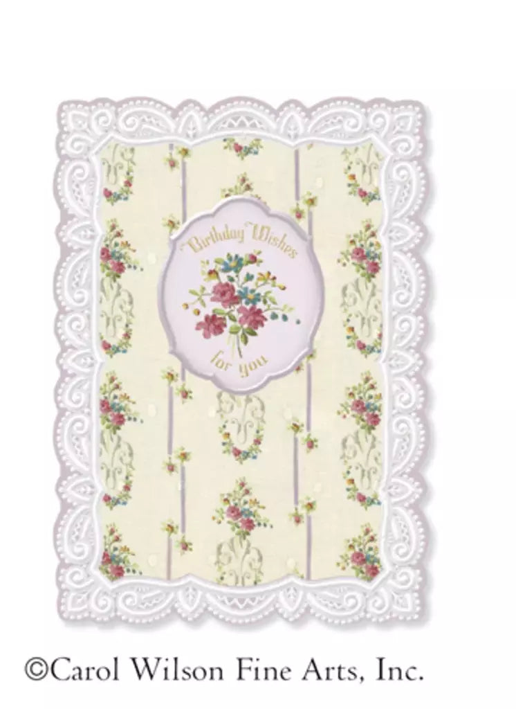 Petite rose bouquets on cream background embossed die cut general birthday greeting card by Carol Wilson. Inside May all that it wonderful come true! Retail $3.50 255694 CG1481