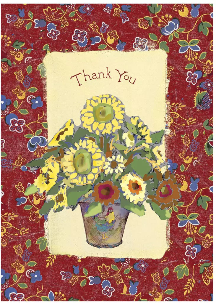 red yellow and white flowers on a red bordered card. Thank you card by Carol Wilson. Inside: I will always be grateful for having you as my friend! Retail $3.25  255700 CG1403