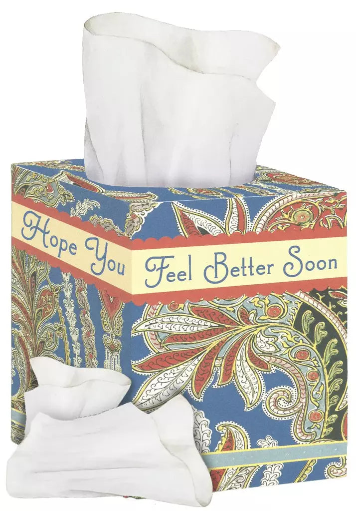 Blue and cream paisley patterned tissue box shaped embossed die cut get well greeting card by Carol Wilson. Inside: A little comfort sent today. Retail $4.99  255705 CRG1528