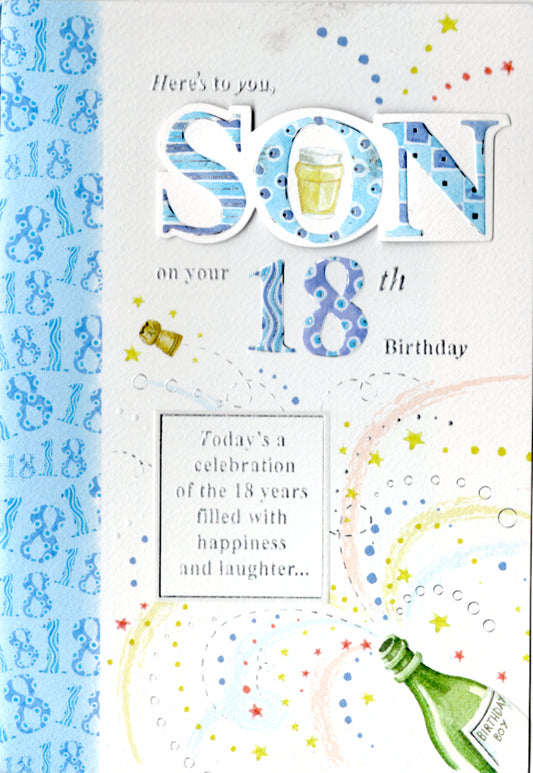 Blue 18th son birthday card. Retail $3.99. Inside: So let's pop the cork raise a glass and say cheers!... | 4930 | 255706