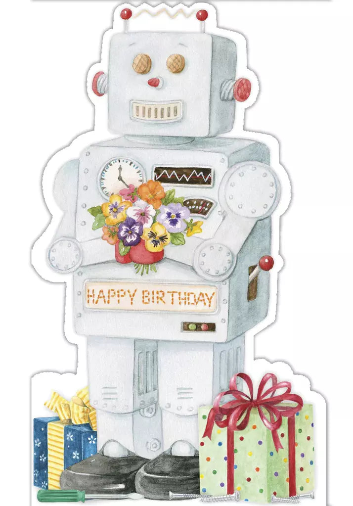 Robot themed embossed die cut male or kid birthday greeting card by Carol Wilson. Inside: Affirmative! I wish you an electrifying birthday! Retail $4.25.  255709 CG1514