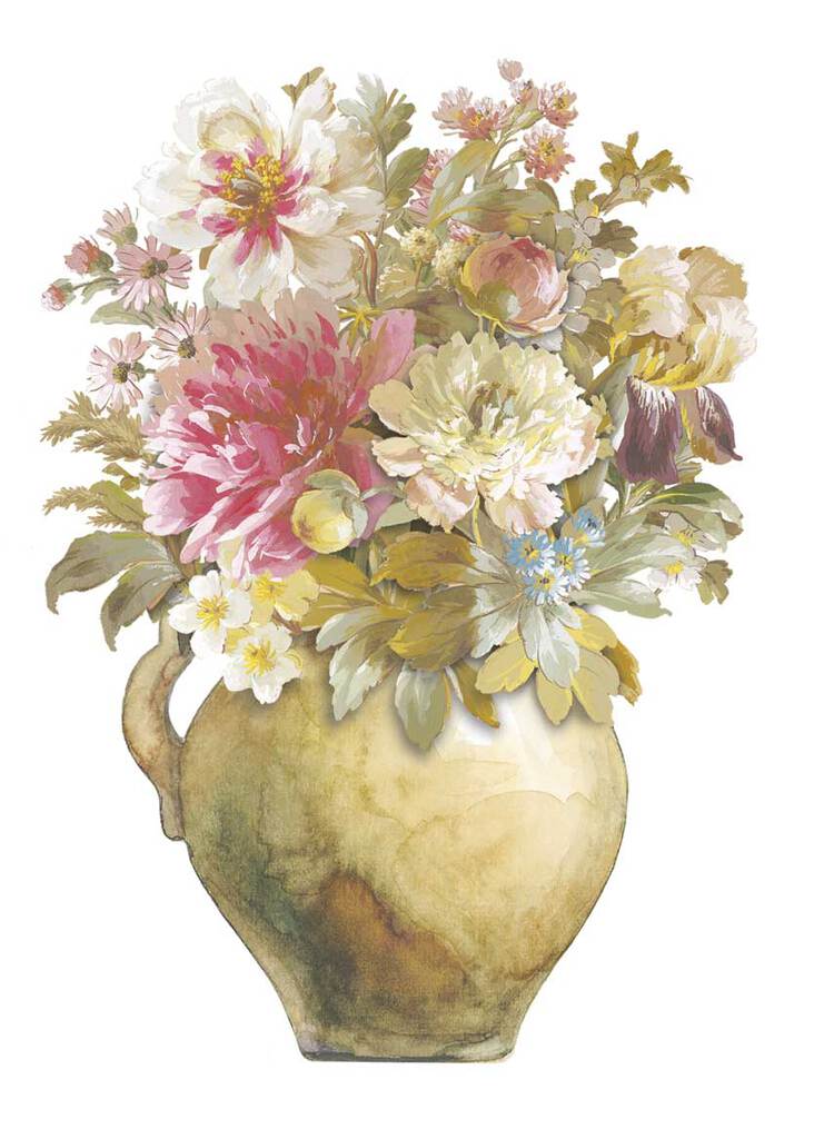 Mixed floral bouquet in a bronze jug embossed die cut general birthday greeting card by Carol Wilson. Inside: May your birthday be as wonderful as you are! Retail $4.25  255715 CG1557