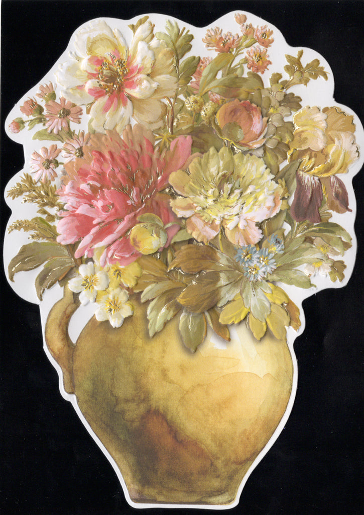 Mixed floral bouquet in a bronze jug embossed die cut general birthday greeting card by Carol Wilson. Inside: May your birthday be as wonderful as you are! Retail $4.25  | CG1557 | 255715