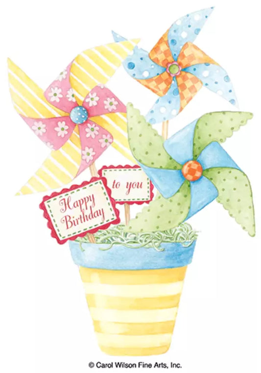 Festive pinwheels in a yellow striped pot embossed die cut general birthday greeting card by Carol Wilson. Inside: Have a fun and joyful day. Retail $3.50  255716 CG1643