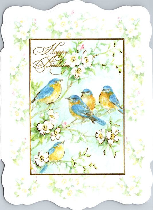 Fancy Blue Jays on spring branches embossed die cut general birthday greeting  card by Carol Wilson. Inside: Birthday wishes just for you! Retail $4.25  | CRG1516 | 255717