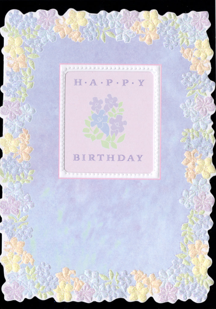 Lilac background with light yellow and purple floral border. embossed die-cut birthday greeting card Carol Wilson Fine Arts. Inside: Happy Birthday! May your days be filled with happiness in the year that lies ahead! Retail $4.25  | CRG1332 | 255725