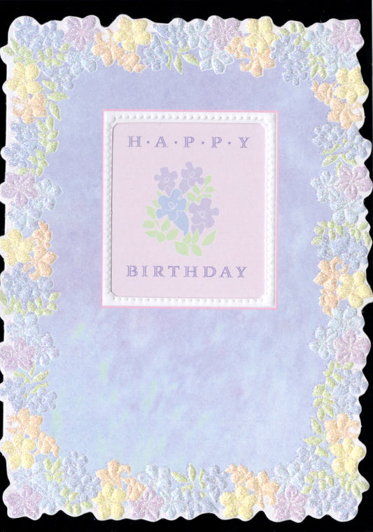 Lilac background with light yellow and purple floral border. embossed die-cut birthday greeting card Carol Wilson Fine Arts. Inside: Happy Birthday! May your days be filled with happiness in the year that lies ahead! Retail $4.25  | CRG1332 | 255725