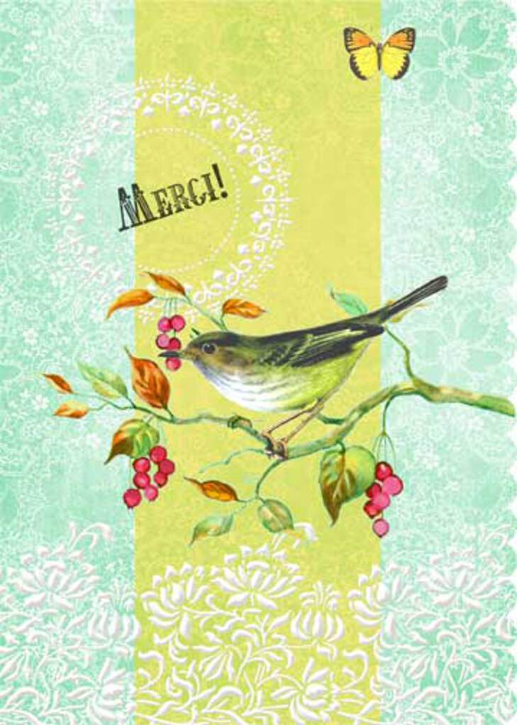 Green background with white lace accenting and a bird on a branch. Thank you card by Carol Wilson. Inside:  Beaucoup! Retail $4.25  255730 CG4020
