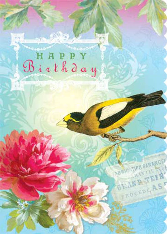 Happy birthday yellow robin on blue/green background embossed die cut general birthday greeting card by Carol Wilson. Inside: Wishing a day that is magical! Retail $4.25  255731 CG4026