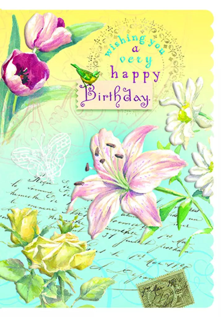 Tulips roses and lilies create a floral delight embossed die cut general birthday greeting card by Carol Wilson Inside: May your birthday wishes come true! Retail $4.25.  255742 CRGN4044