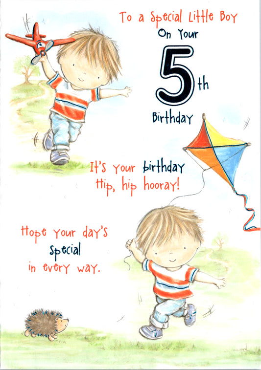 Boy with kite- 5th age boy birthday card. Retail $3.49. Inside: With sweets and treats and games to play big hugs and fun adventures... | 4919 | 255745